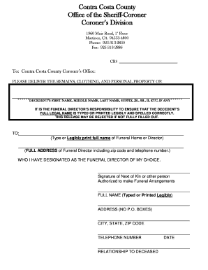 Coroner's Release of Remains Form