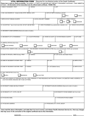Vital Information Worksheet for Death Certificate