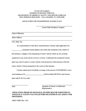 Florida Transporter License Plate Application