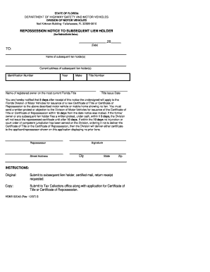 Florida Repossession Notice to Subsequent Lien Holder
