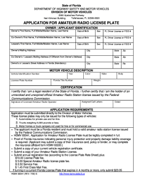 Florida Amateur Radio License Plate Application
