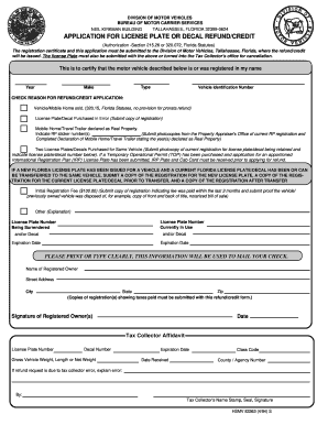 Florida License Plate or Decal Refund/Credit Application
