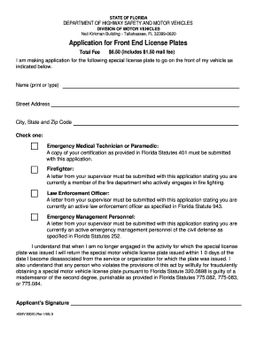 Florida Front End License Plate Application