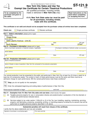New York City Sales and Use Tax Exempt Use Certificate for Theatrical Productions