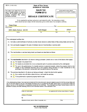 New Jersey Sales Tax Purchaser's Resale Certificate