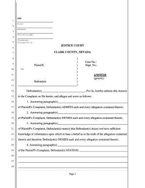 Nevada Justice Court Answer Form