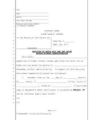 Petition to Prove Will and Set Aside Estate Without Administration