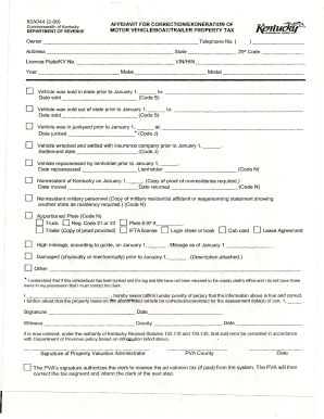 Kentucky Affidavit for Correction/Exoneration of Property Tax