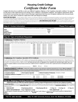 Housing Credit College Certificate Order Form