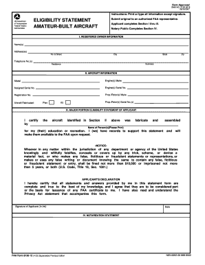 FAA Form 8130-12 Eligibility Statement for Amateur-Built Aircraft