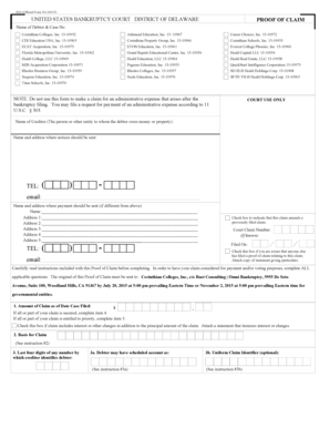 US Bankruptcy Court Proof of Claim Form