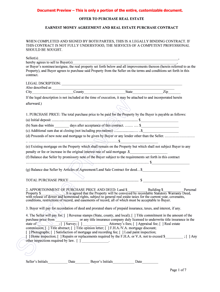Fillable Online EARNEST MONEY AGREEMENT AND REAL ESTATE PURCHASE