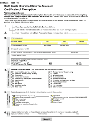 South Dakota Streamlined Sales Tax Agreement Certificate of Exemption