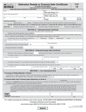 Nebraska Resale or Exempt Sale Certificate