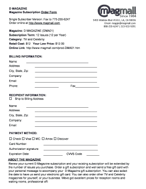 D Magazine Subscription Order Form