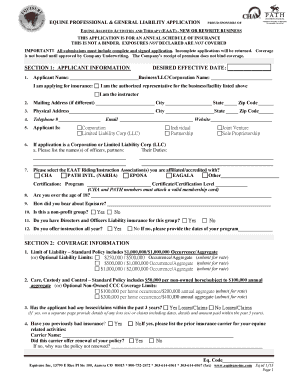 Equine Professional & General Liability Application