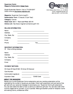 Superman Comic Magazine Subscription Order Form