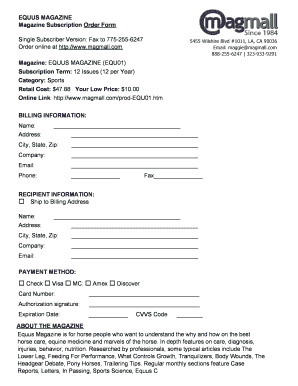 Equus Magazine Subscription Order Form