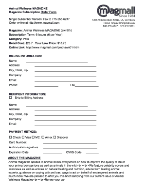 Animal Wellness Magazine Subscription Order Form