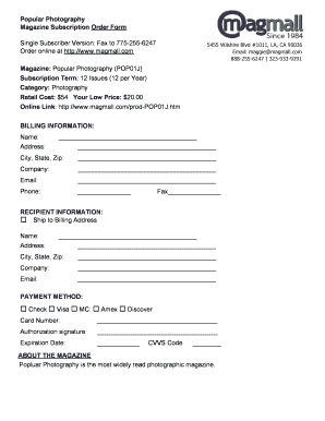 Popular Photography Magazine Subscription Order Form