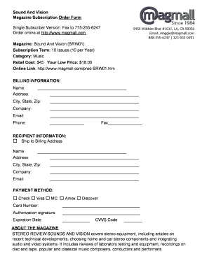 Sound And Vision Magazine Subscription Order Form