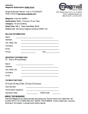 Interview Magazine Subscription Order Form