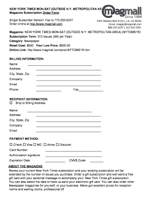 New York Times Subscription Order Form