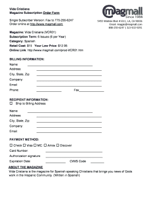Vida Cristiana Magazine Subscription Order Form