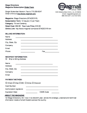 Stage Directions Magazine Subscription Order Form