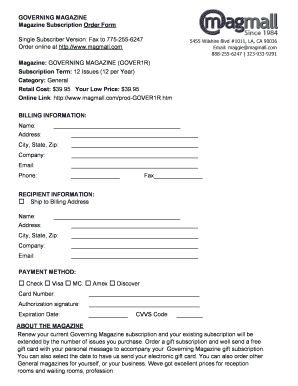 Governing Magazine Subscription Order Form