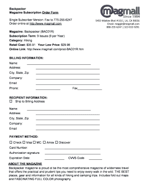 Backpacker Magazine Subscription Order Form