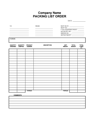 Packing List Order Form