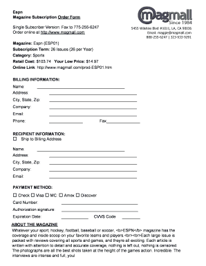 ESPN Magazine Subscription Order Form