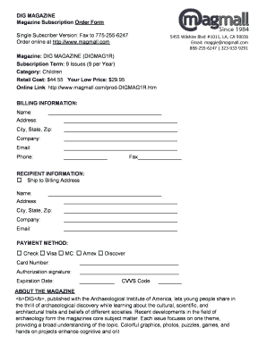 DIG Magazine Subscription Order Form