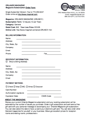 Orlando Magazine Subscription Order Form