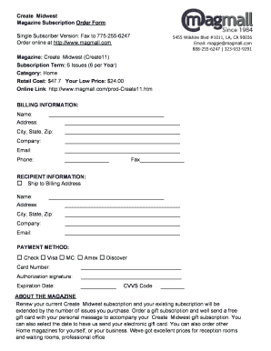 Create Midwest Magazine Subscription Order Form