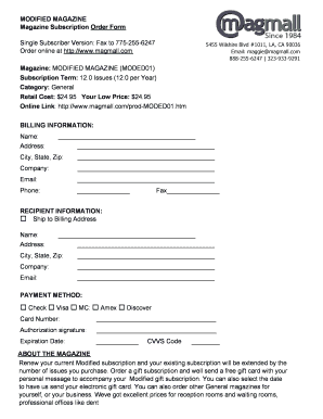Modified Magazine Subscription Order Form