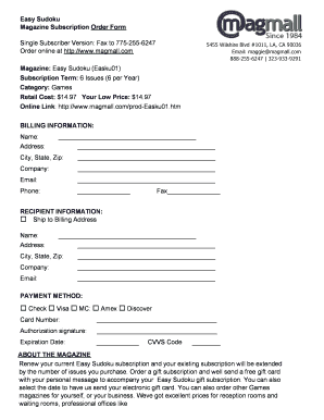 Magazine Subscription Order Form