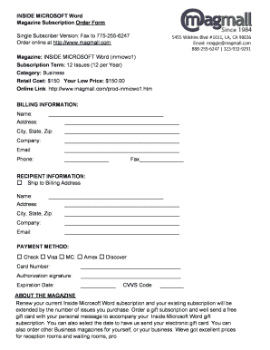 Inside Microsoft Word Magazine Subscription Order Form