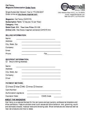 Cat Fancy Magazine Subscription Order Form