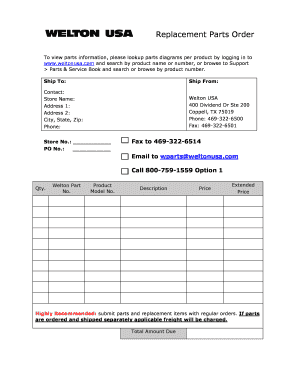 Welton USA Replacement Parts Order Form