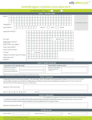SafeEXIM Digital Certificate Subscription Form
