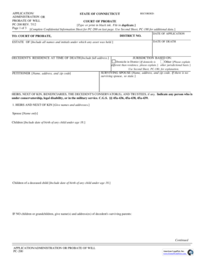 Connecticut Probate of Will Application