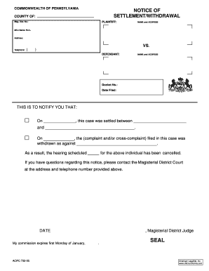 Pennsylvania Settlement Withdrawal Notice