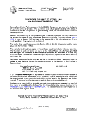 Certificate Pursuant to Section 1505 California Corporations Code