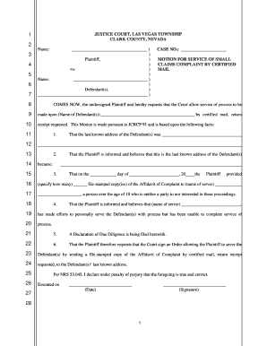 Motion for Service of Small Claims Complaint by Certified Mail