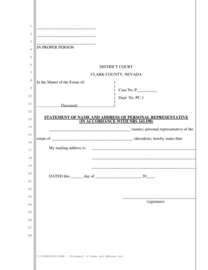 Statement of Name and Address of Personal Representative
