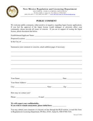 New Mexico Liquor License Public Comment Form
