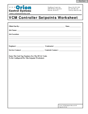 VCM Controller Setpoints Worksheet