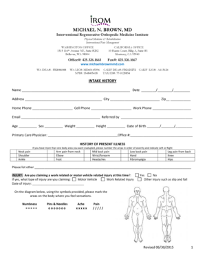 Intake History Form for Orthopedic Medicine